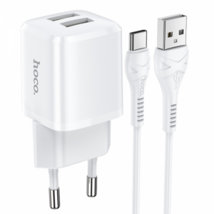 Carregador 2xUSB + cabo para type C 2,4A HOCO (Branco)