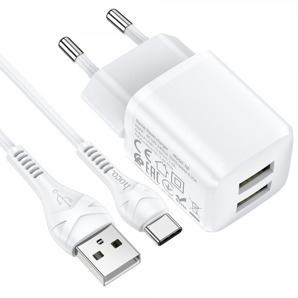 Carregador  2xUSB + cabo para type C 2,4A HOCO (Branco)