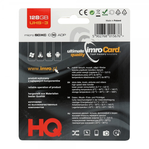 Cartão de memória Imro microSD 128GB / Classe 10 UHS-3 + adaptador