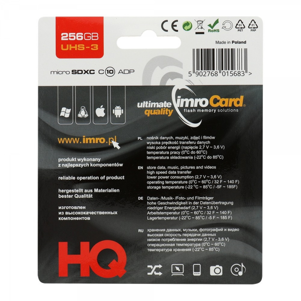 Cartão de memória Imro microSD 256GB / Classe 10 UHS-3 + adaptador