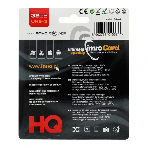 Cartão de memória Imro microSD 32GB / Classe 10 UHS-3 + adaptador
