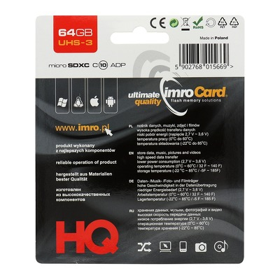 Cartão de memória Imro microSD 64GB / Classe 10 UHS-3 + adaptador