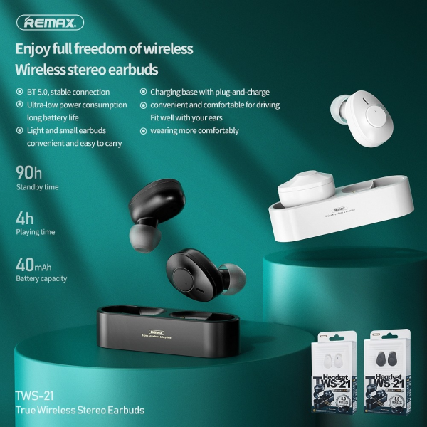Earphones Bluetooth TWS-21 c/ docking station (Preto)